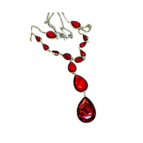 Scarlet Red Large Teardrops Y Drop Gold Tone Statement Necklace - Picture 1 of 3